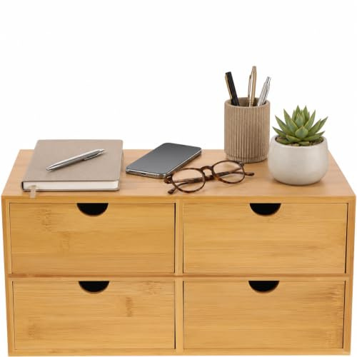 Schreibtisch Organizer aus Holz mit Schublade 4 Schubladen für Büroutensilien, Bambusböden, Schubladenboxen für Schreibtisch, Büro, Home-Office