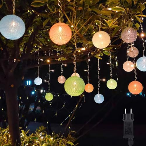 Xevinas Lichterkette Kugeln, 3m 96er Cotton Ball Lichterkette Innen Außenbereich 8 Beleuchtungsmodi Mit Timer, Wasserdicht Lichtervorhang Lichterkette Deko Mit PVC Transparenter Draht Für Party (B)