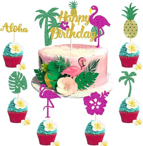 13Pcs Hawaiian Party Decorations Cupcake Toppers,Flowers & Palm Leaves Pineapple Flamingo Cake Topper,Tropical Bar Beach Garden Pool Moana Party Decorations Happy Birthday Cocktail Picks