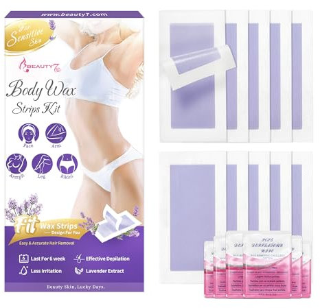 Beauty7 Body Wax Strips Hair Removal, Includes 20 Waxing Strips & 6 Post Wax Calming Oil Wipes, Cold Wax Strips Gentle Hair Removal for Body Legs Underarm