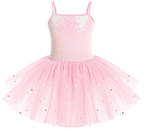 IWEMEK - Abito da Balletto per Bambina con Tutu, senza Maniche e con Paillettes, Body da Balletto, Vestito da Danza, per Ginnastica, Rosa, 3-4 Anni