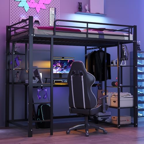 Dolamaní Hochbett 90x200 cm mit Schreibtisch und Regal für Jugendliche und Erwachsene, Tragfähigkeit 120 kg, Metallbett mit Lattenrost stabil & Offener Hängebereich, Schwarz