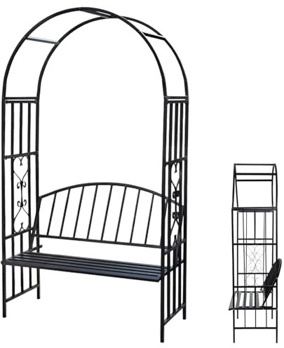 Arche de jardin avec banc pour 2 personnes,Arceau à rosiers Métal,Banc de jardin en métal avec arche de roses,Tonnelle de jardin avec Siège,206cm Arceau de plantes grimpantes noir blanc(Noir)