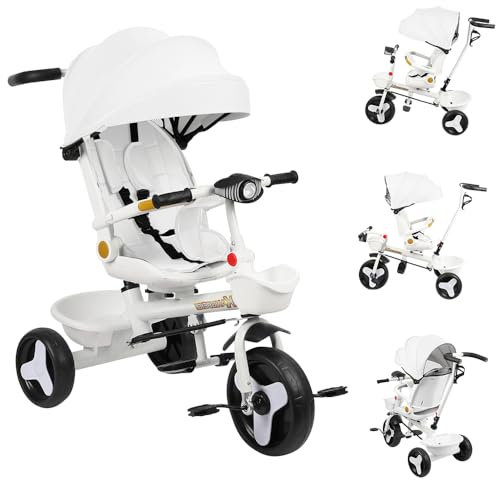 Dreirad für Babys, mitwachsend, 5 in 1, Fahrrad, Kinderwagen, mit 360 ° drehbarem Sitz, Schiebegriff, abnehmbarer Baldachin, 3-Punkt-Sicherheitsgurt, Aufbewahrung, 1 bis 5 Jahre (weiß, 5 in 1)