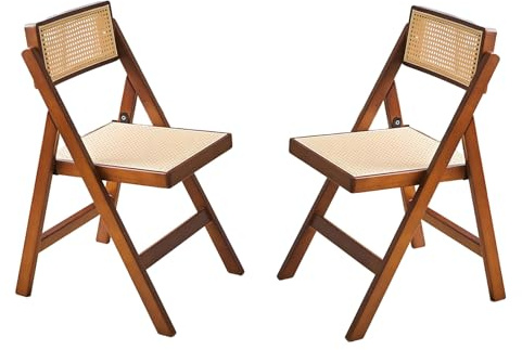 Mid Century Moderne Rattan-Esszimmerstühle, zusammenklappbar, 2 Stück, Holzstühle, für kleine Räume, perfekt für Esszimmer, Wohnzimmer, Schlafzimmer, Walnussholz-Finish