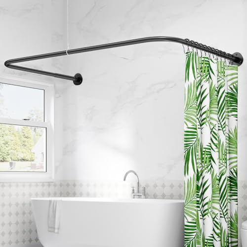 Duschvorhangstange U Form & L Form, (60-93) X (77-197) X (60-93) CM Verstellbare Duschstange U Form mit 12 Vorhangringen und Deckenstütze für Badewanne/Dusche, Bohren Erforderlich - Mattschwarz