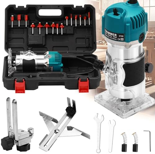 Fresadora eléctrica de madera, 800 W, fresadora de madera, fresadora multifunción, 0-30.000 rpm, con 15 fresas, 6,35 mm, incluye fresadora de madera con una sola mano para trabajar la madera