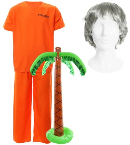 LOVETRENDS Jeffery Island Prisoner Costume Set – Orange Inmate Outfit with 3FT Inflatable Palm Tree and Grey Wig for Island Prisoner Halloween, Cosplay, Costume Parties, and Themed Events