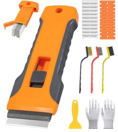 Glass Scraper Tool Kit with 20 Replace Blades, 3 Wire Brushes & Gloves | Retractable Safety Scraper, Blade Storage, Multi-Purpose Cleaning for Window, Stovetop, Tile
