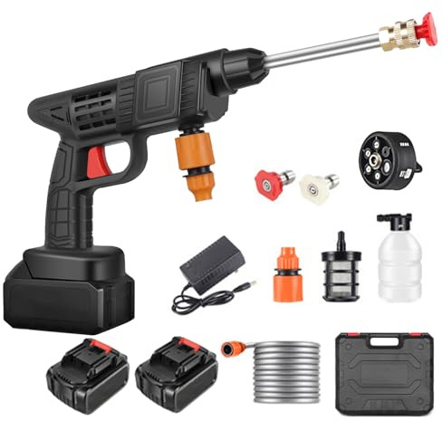 Hidrolimpiadora Inalámbrica, Lavadora de Alta Presión Portátil 48V Máx 90 Bar con 2 Baterías, Boquilla Multiaspersión 6 en 1 Manguera de 5M Lanza de Extensión, Herramienta de Limpieza Automóviles