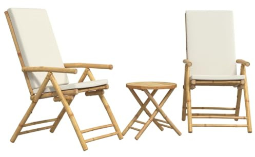 Qnhdfrt 3-TLG. Bistro-Set aus Bambus, Klappbares Gartenmöbel-Set für Balkon und Terrasse, Inklusive Cremeweißen Kissen, Verstellbare Gartenstühle mit Beistelltisch