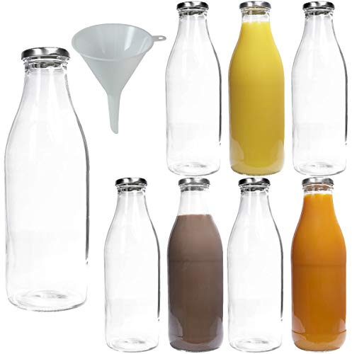 mikken 8 leere Weithals-Glasflaschen für 1,0l, Milchflaschen Saftflaschen mit silber-farbenem Schraubverschluss, inkl. einem Einfülltrichter Ø 9cm