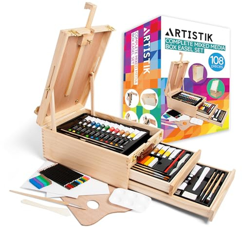 ARTISTIK Complete Mixed Media Box Wooden Easel Set – 108-Piece Desktop Art Easel Stand with 2 Drawers – Portable and Lightweight Painting, Sketching, and Drawing Board