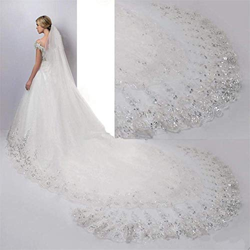 HHVEIL 4 Meter Ivory/White Bridal Veils with Lace Applique Edge Tulle Bling Sequins 1 Tier Long Cathedral Veil Wedding Accessories With Comb