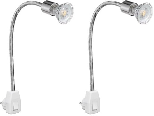 ledscom.de 2 Stück Steckdosenlampe LESCH Leselampe Schwanenhals, Schalter, Chrom inkl. GU10 LED Lampe 504lm 44° weiß