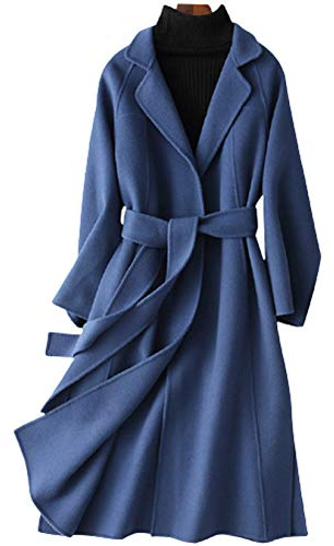XMZFQ Womens Wool Coats Cashmere Trench Autumn Winter Solid Color Slim Warm Long Overcoat Cardigan Jackets Outwear with Belt,Blue,M