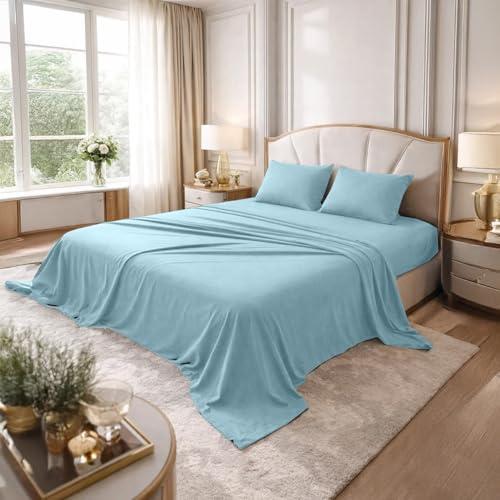 DAN RIVER King Jersey Sheet Set | Luxury 100% Cotton Bed Sheets | T-Shirt Sheets | All Season Bedding | Soft Comfortable Deep Pocket Jersey Cotton Bed Sheets (4Pc, King, Light Blue)