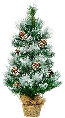 COSTWAY 60cm Künstlicher Mini Weihnachtsbaum, Tisch Tannenbaum mit Zementbasis, schneebedeckter Christbaum mit Kiefernzapfen, Kunstbaum Weihnachten 34 Spitzen PVC Nadeln, grün