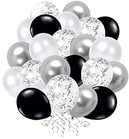 YELYAN 60-teiliges Luftballon-Set, 30,5 cm, silberfarben, schwarz-weiße Luftballons, metallische Latex-Luftballons, Konfetti-Luftballons, Helium-Luftballons für Hochzeit, Geburtstag, Dusche, Babypart