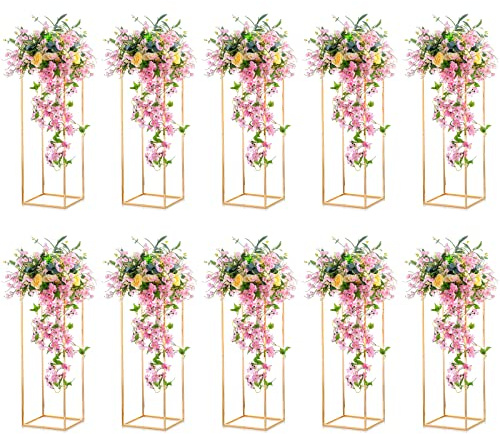 Nuptio 10 Pcs Gold Vase Metal Column Stand Road Lead Geometric Centerpiece Vase for Tables, 31½ inch Tall Floor Vases Decorative Tall Flower Rack for Home Event Party Wedding Decorations for Reception