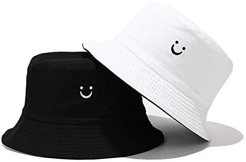 Umeepar Reversible Smile Face Embroidered Bucket Hat 2 in 1 Packable Beach Sun Hat for Women Men (UK, Alpha, One Size, White/Black)