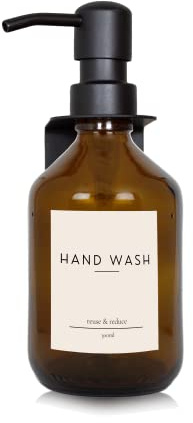 Seifen-Spender braunes Glas 300ml für Handseife (Hand Wash) mit Wandhalterung mit schwarzer Edelstahlpumpe reuse & reduce Retro (Hand Wash)