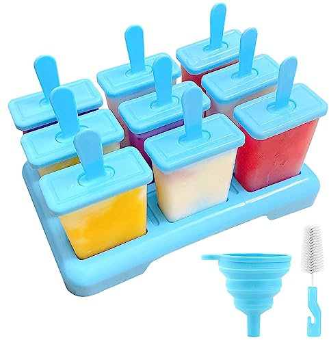 Alinana 9 Cavidades Moldes para Helados con Palo, Reutilizable Moldes para Helados de Grado Alimenticio sin BPA, DIY Molde Helado con Cepillo de Limpieza y un Embudo