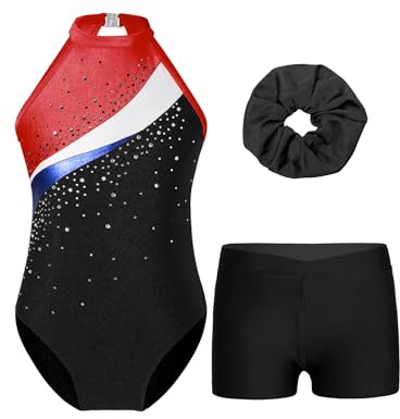 TTAO Gymnastikanzug Mädchen Turnanzug Ärmellos Gymnastikbody mit Haarband und Shorts Gymnastik Training Dancewear A Schwarz&Rot 134-140