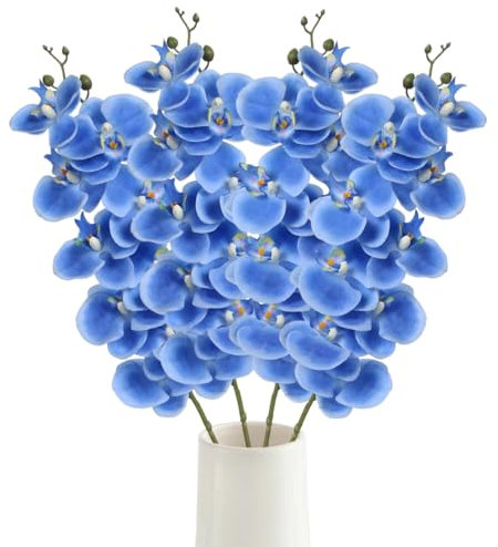 IPOPU Künstliche Orchideen, 94 cm, fühlen sich echt an, künstliche Orchideen, Latex-Seide, 4 Stück, langer Stiel, künstliche Blumen für hohe Vasen für Hochzeit, Zuhause, Party-Dekoration (blau)