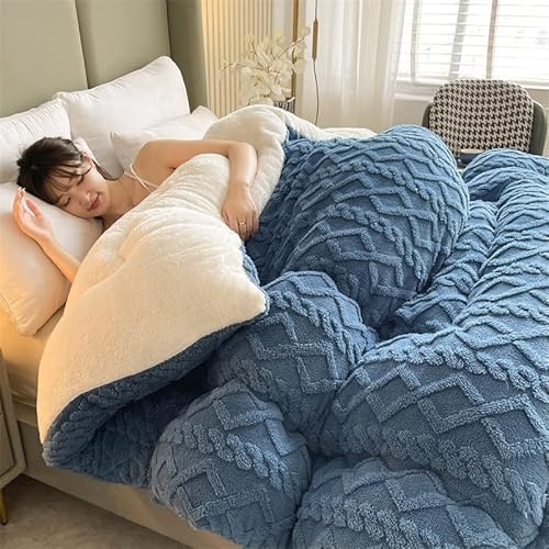 TUCVZVO Bettdecke 220X240 Winterdecke,Winter Steppdecke Dicker Lamm-Kaschmir, Decke, Flauschige Kaschmir-Steppdecken, Winterwarm, Kern Aus Lammsamt,Blau,150X200 3KG