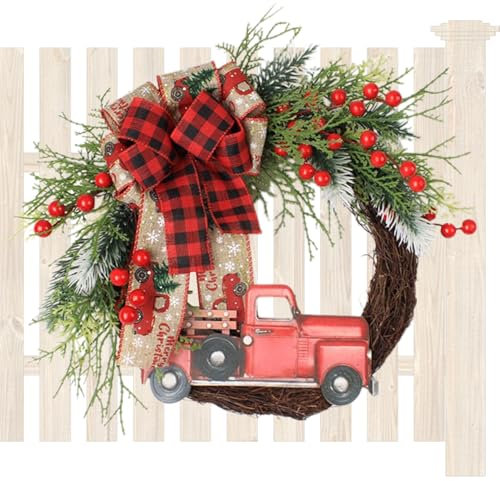 Ristyur Weihnachtskranz Für Die Haustür – Weihnachts Cottage Kränze – Vintage LKW Bauernhaus – Kreativer Künstlicher Haustür Mit Schleife – Winter Weihnachtsgirlanden Dekoration