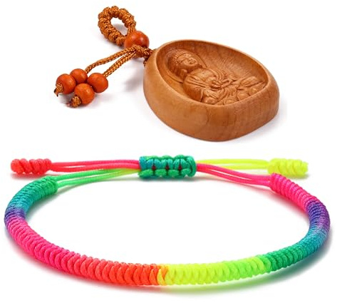 LUCKY BUDDHIST Pulsera Budista Tibetana Ajustable – Pulsera de Cuerda Trenzada para Hombre y Mujer – Incluye Llavero Buda de Madera