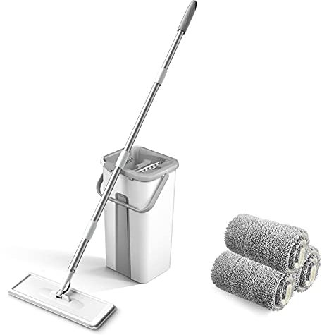 Trapeador de microfibra con balde Limpieza de piso Exprimir Trapeador de piso manos libres Almohadillas lavables Trapeadores de polvo reutilizables con almohadillas de relleno suave Limpiador de piso