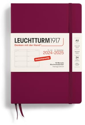 LEUCHTTURM1917 370627 Veckokalender 2025, medium A5 inbunden – 18 månaders planerare, 80 g, linjerad – port röd