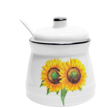 MaoYaMao Sunflower Sugar Container Ceramic Sugar Bowl with Lid and Spoon Sugar Jar for Coffee Bar Kitchen Decor and Accessories 12oz (Sunflower)