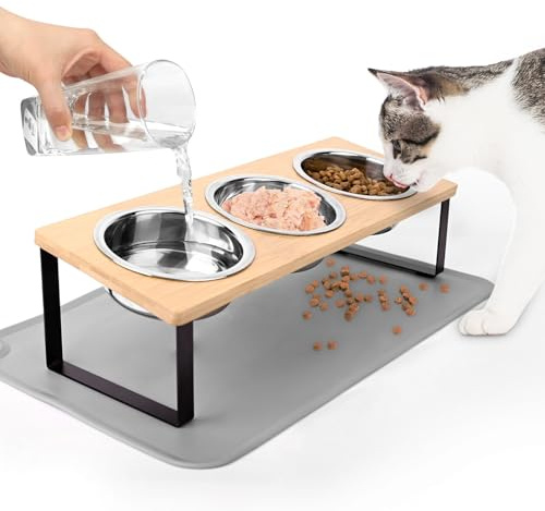 Katzennapf Erhöht, Futternapf Katze aus Edelstahl mit Napfunterlage Silikon, 15° Ergonomischer Futterstation Hundenapf, Fressnapf und Wassernapf für Katzen und Kleine Hunde