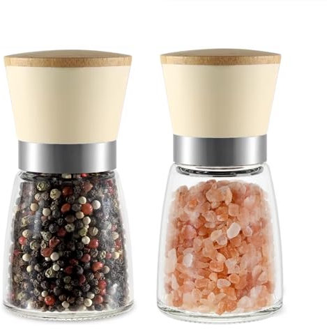 Salt and Pepper Mills Grinder Set of 2 Refillable Ceramic Grinder Adjustable Levels Kitchen Gifts… (Cream)