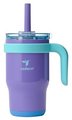 REDUCE 14 Oz Coldee Kids Tumbler with Lid and Straw - Coldee Insulated Travel Mug - Spill-Proof, Sweatproof Stainless Steel, BPA-Free - Includes Handle, Reusable Silicone Straw - Magnetic Purple