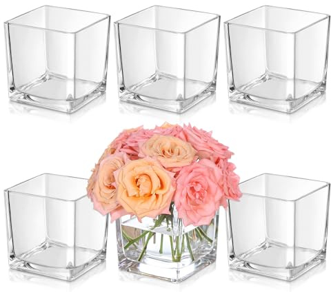 KEYWING 6 Pack Square Glass Vase 4 x 4 x 4, Clear Flower Vases for Centerpieces, Square Glass Cube Vase Candle Holder for Wedding, Party, Home Office Decoration