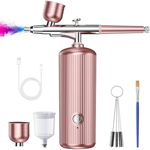 Airbrush Set mit Kompressor, 48PSI Kabellose Spritzpistole mit 0,3mm Düse und Reinigungsbürsten-Set für Graffiti, Tattoos, Nägel, Make-up, Kuchendekoration (Rosa)