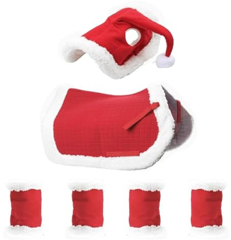 Santa Design Christmas Costumes, Sturdy Horse Costume, Soft Warm Horse Leg Wraps Decorative Santa Hat Set for Horses, for Event, Holidays, Entertainment, Festivity, Red Color