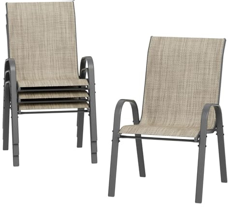 Amopatio 4er Set Gartenstühle Stapelbar, Hochlehner Stapelstühle aus Textilene & Metallgestell, Terrassenstühle Balkonstuhl mit Armlehnen Wetterfest, 60 x 72 x 96 cm, Braun
