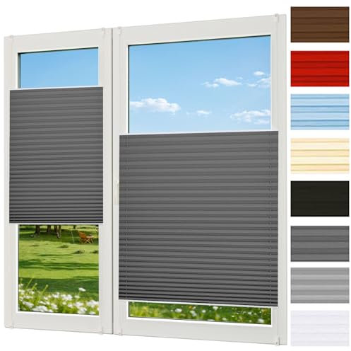 Plissee Ohne Bohren Verdunkelung 70 x 210 cm Blickdicht Sichtschutz Sonnenschutz Plissee Faltrollo Sonnen Inkl. Aller Montage-Teile für Fenster & Tür, Dunkelgrau
