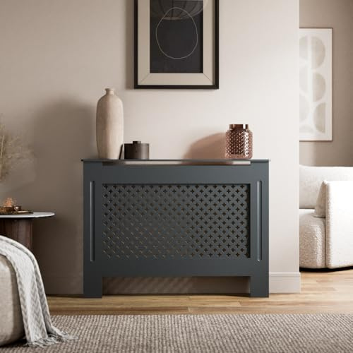 Radiant Living Radiator Cover Diamond Cross Pattern, Modern Anthracite Grey MDF Radiator Cabinet for Living Room & Bedroom, Medium 112 x 81.5 x 19cm