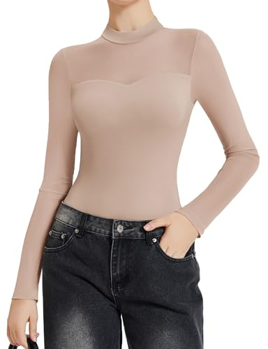 Avidlove Long Sleeve Bodysuits for Women Mock Neck Sheer Mesh Sleeve Bodysuit Double Lined Leotards Shirt Going Out Top