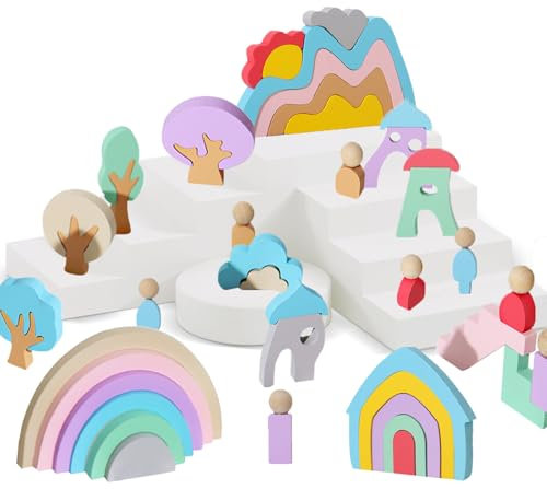 LETTERASHQP Torre impilabile in legno arcobaleno per bambini pietre impilabili, giocattoli in legno con torre impilabile, gioco di smistamento, giocattoli educativi, torre impilabili a partire da 1 2