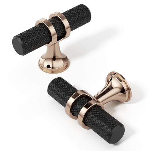 FURNIWARE 10 stycken möbelknoppar matt svart och champagne brons, mässing guld, skåpknappar, dörrknoppar räfflade, byråknoppar 50 mm, lådknappar för skåp, byråer, garderob