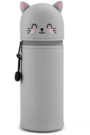 Zosenyer 2-in-1 Weiche Federmäppchen, Kawaii Federmäppchen Katze, Silikon Kitty Stifte Mäppchen, Stand Up Tischstifthalter, Schulmäppchen mit Reißverschluss für Buntstifte Marker