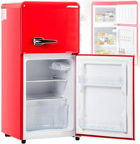 Retro kyl- och fryskombination: Tvådörrars, 38L kylskåp, 22L 4-stjärnigt frysfack, 60L användbar kapacitet, LED-innerbelysning, steglös temperaturkontroll,Red