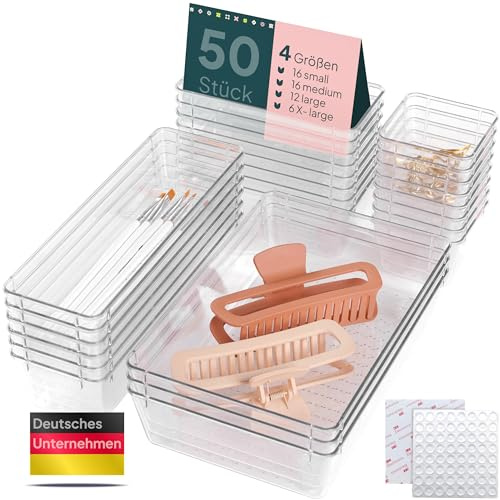 uandu Organisateur Tiroir Transparent 25 Pièces – Boite Rangement Cuisine & Bureau, Separateur Tiroirs Empilable, Rangement Maquillage & Salle de Bain, 100 Stopers Silicone Inclus